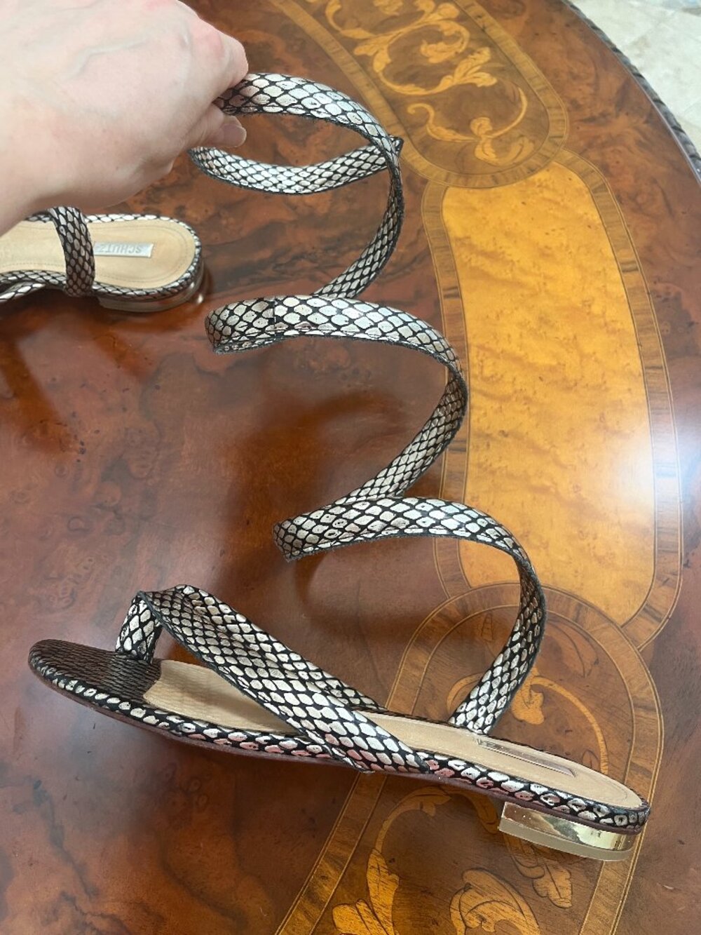 Schutz Gladiator Wrap Around Metallic Snake Print Flat Sandals Size 6.5 - Picture 4 of 10
